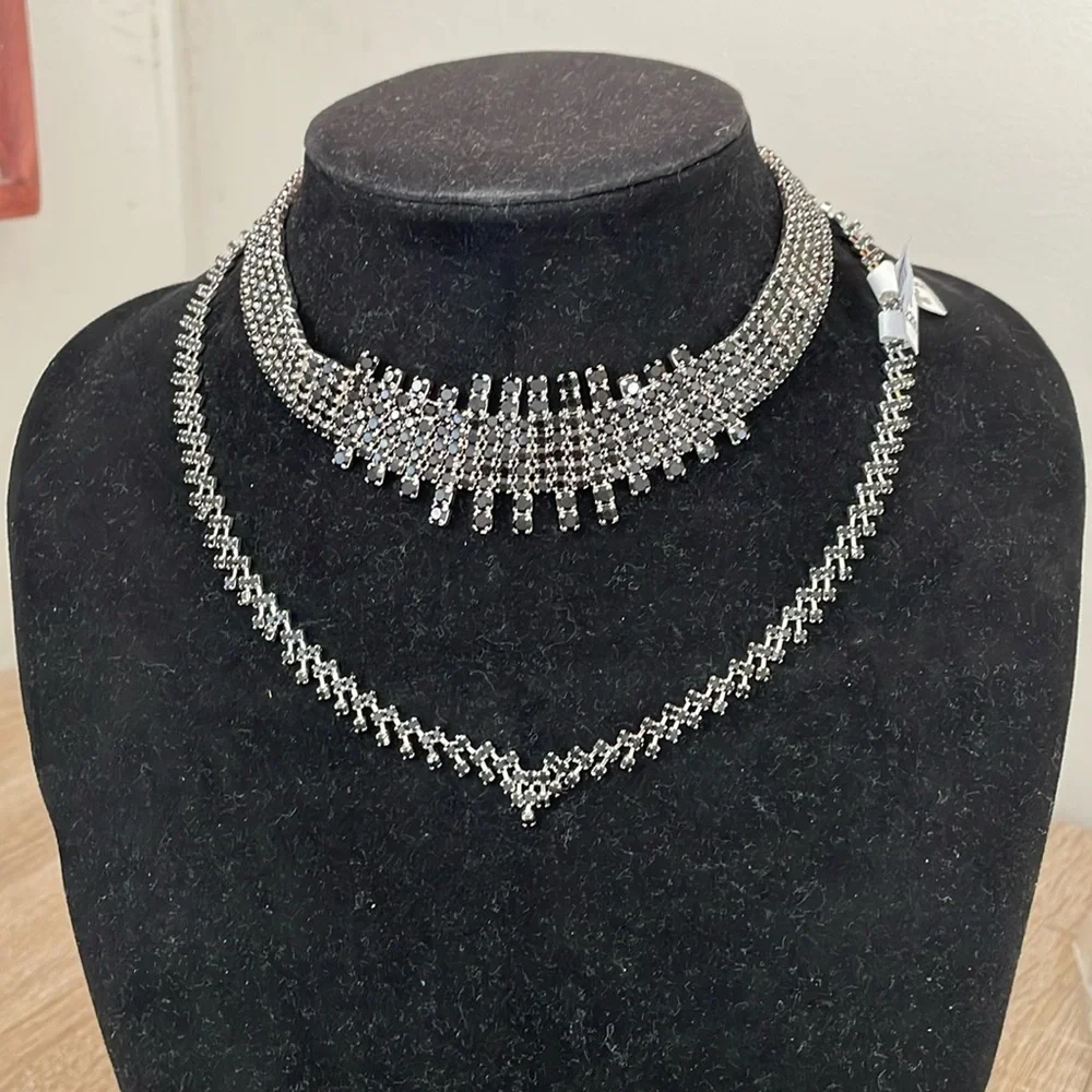 NWT Free People Necklace Saturday Night Choker, silver tone & black rhinestones